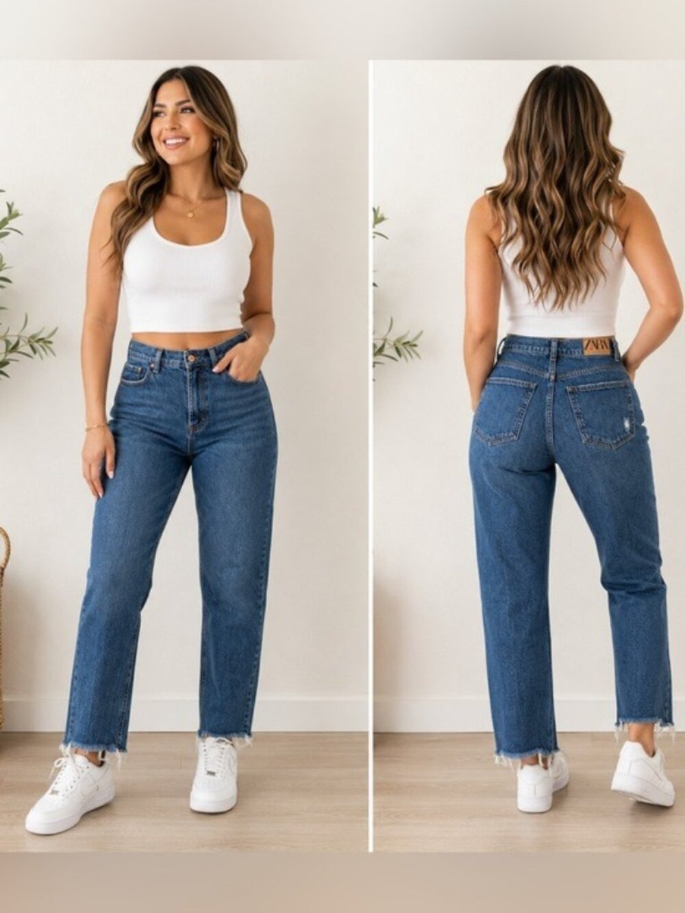 ZARA Blue High Waisted Straight Leg Jeans Raw Hem Women’s Size 6